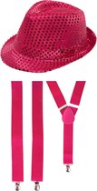 Toppers in concert - Carnaval verkleed set - hoedje en bretels - roze - volwassenen - glitters