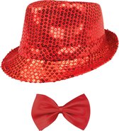Toppers in concert - Carnaval verkleed set - hoedje en vlinderstrikje - rood - volwassenen - glitters