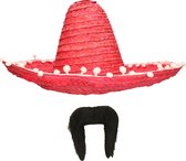 Carnaval verkleed set - Mexicaanse sombrero hoed dia 45 cm met plaksnor - rood - heren