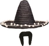 Carnaval verkleed set - Mexicaanse sombrero hoed dia 45 cm met plaksnor - zwart - heren