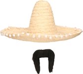 Carnaval verkleed set - Mexicaanse sombrero hoed dia 50 cm met plaksnor - naturel - heren