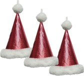 Decoris Kersthanger kerstmuts - 3x - rood glitters - 17 cm - kerstornamenten