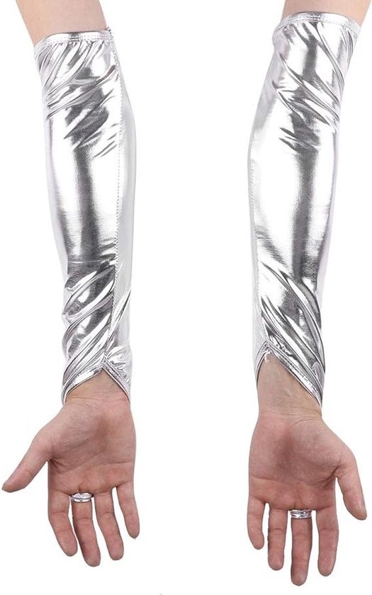 Zilveren Metallic Zeemeermin Arm Mouwen - Vingerloze Glanshandschoenen voor Vrouwen - Stretch Feestkleding Accessoires - Glanzende Cosplay & Themafeest Handschoenen