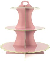 Intirilife Kartonnen Taartstandaard met 3 niveaus in Roze - 29 / 21.5 / 16 x 35 cm - Muffinstandaard van karton, cupcake standaard om zelf te bouwen