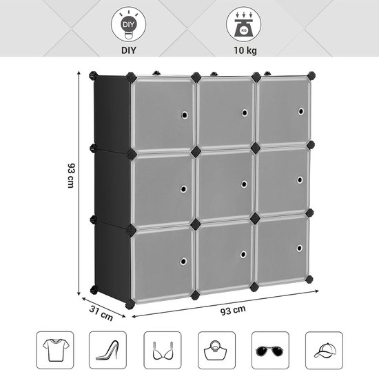 9-Cube opbergorganisator, kunststof kast met deuren, modulaire kast voor kleding, schoenen, speelgoed, boeken, eenvoudig te monteren, zwart
