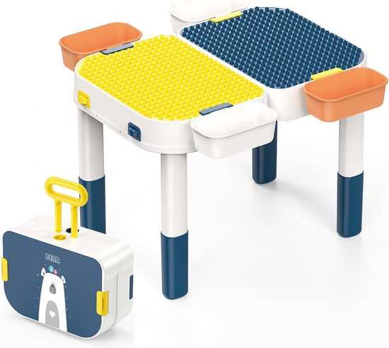 Kinder Tafelset Bouwstenen Tafel met Opbergruimte, Kinder Speeltafel met 55 Stuks Bouwstenen en Knikkerbaan Speelset, Multifunctionele Activiteitentafel - Omvormbaar tot Koffer met Wielen.
