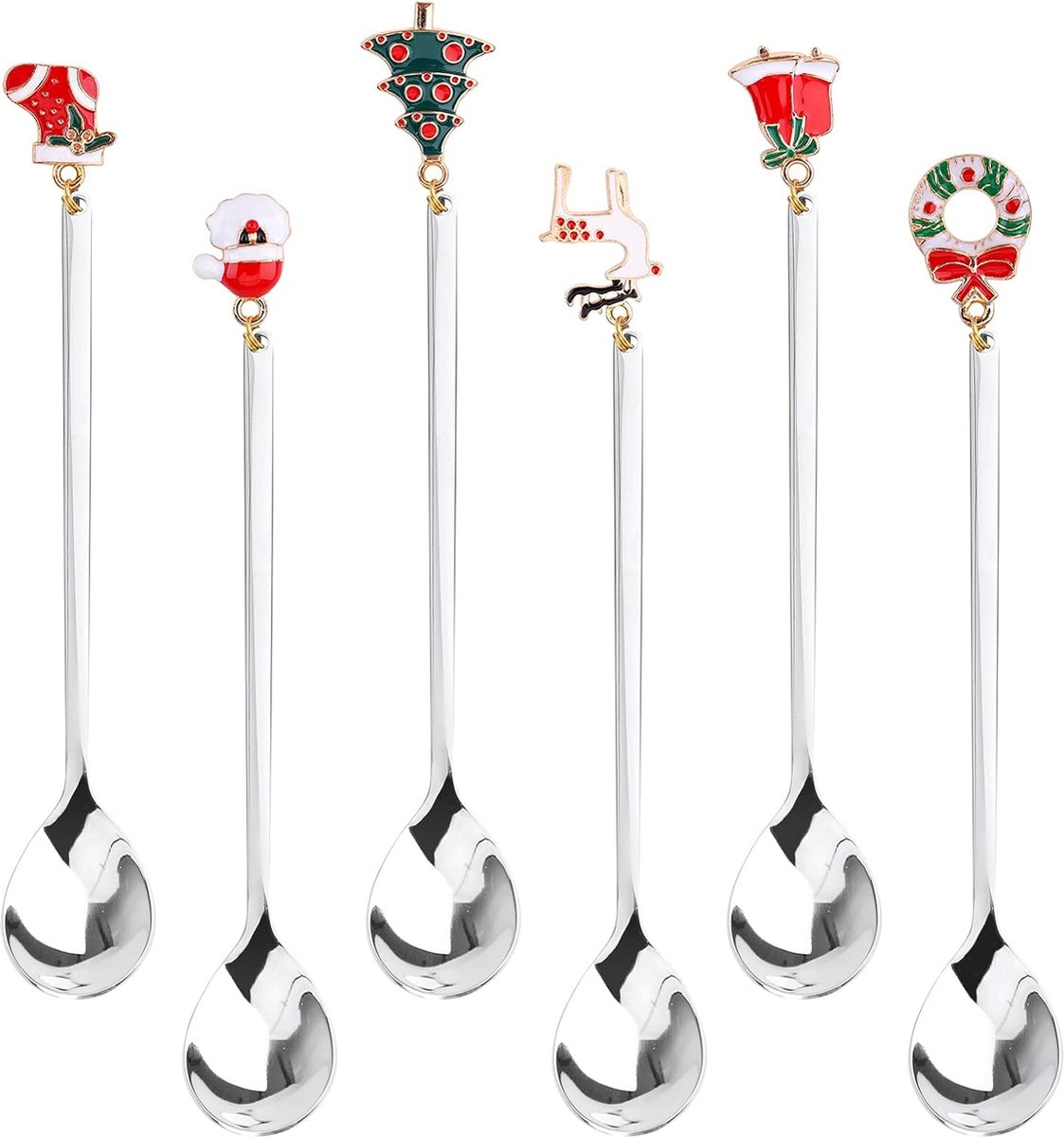 Kerst-koffielepel, verpakking van 6 stuks, luxe kerstlepel, roestvrij staal, dessert, theelepels met kersthanger, kerstboom, elandhoed, klokken voor theesoep, geschenkverpakking (zilver)