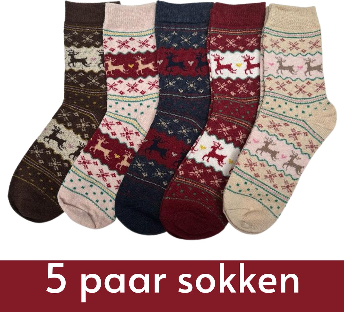 Winkrs - 5x Kerstsokken met Rendieren voor dames/meisjes - maat 35-39 Winter Sokken set