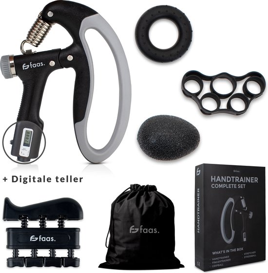Handtrainer Set – 5-Delig - 10 tot 100 KG - Digitale Teller - Hand, Onderarm, Pols & Vingers Trainer – Stressbal, Knijphalter, Stretcher & Grip bal