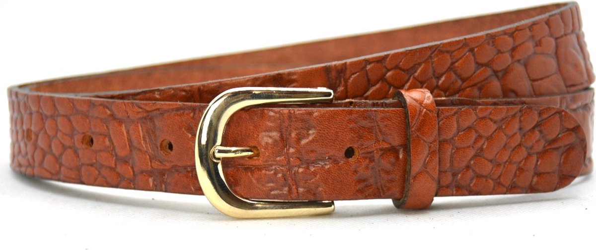 Take-it 3 cm riem cognac kroko gouden gesp - 100 % leder - cognac riem met kroko print - taillemaat 95 - totale lengte riem 110 cm