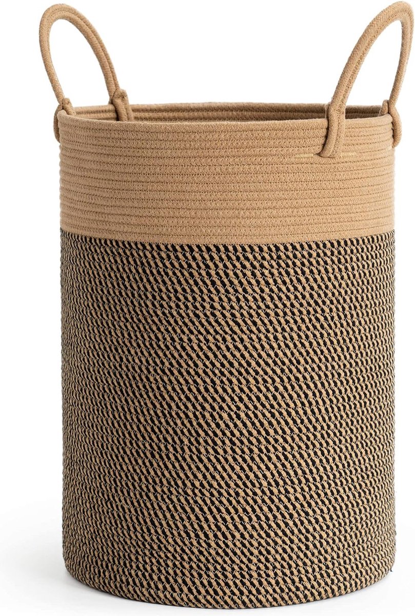 Goedkoopste Geweven Katoenen Jute Wasmand met Handvatten, Grote Opbergmand voor Speelgoed in de Kinderkamer, Dekens in de Woonkamer, D 35 x H 50 cm, Zwart