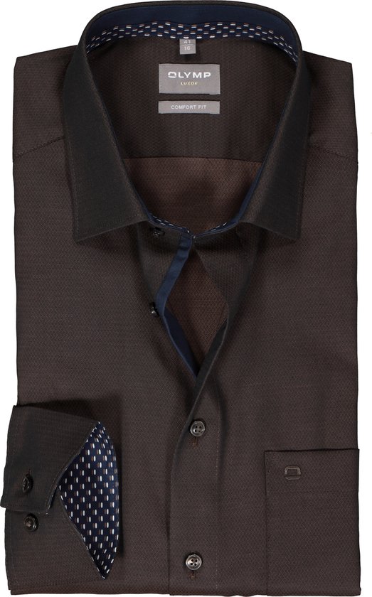 OLYMP comfort fit overhemd - structuur - bruin (contrast) - Strijkvrij - Boordmaat: