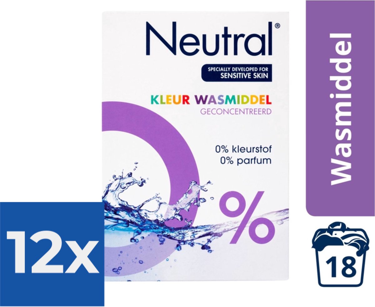 Neutral 0 Kleur Parfumvrij Waspoeder - 18 wasbeurten - 1-188 kg - Wasmiddel - Voordeelverpakking 12 stuks
