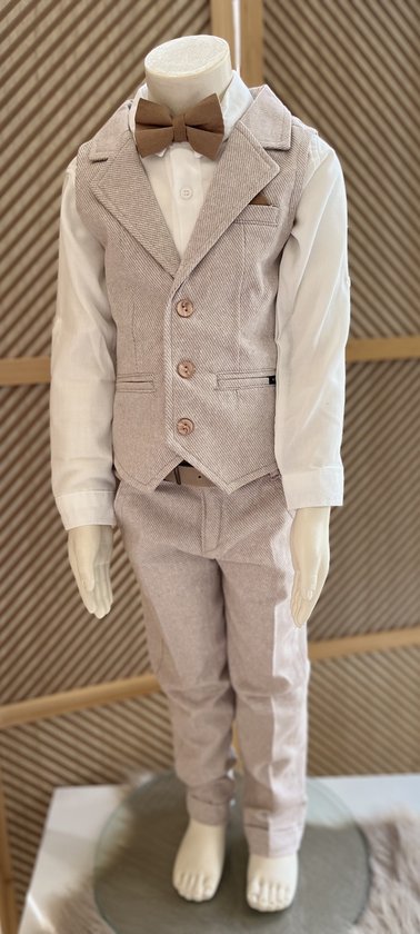 luxe jongens kostuum-kinderpak- kinderkostuum-3 delige set -crème witte hemd, beige vest en broek, camel vlinderstrik-bruidsjonkers-bruiloft-feest-verjaardag-fotoshoot- 2 jaar