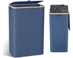 Wasmand met deksel, groot, 100 L wasmand, smal met afneembare waszak, wasmanden, waskast, waskist wasbak voor vuile was, marineblauw.