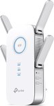 Witte TP-Link RE650 WiFi-repeater met 4 verstelbare antennes, indicatorlampjes en knoppen voor Reset, LED en Power.