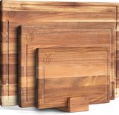 WALDWERK Snijplankenset 3-delig (40x30 / 33x24 / 26x18cm) van massief acaciahout - Snijplanken met plankenhouder - 2cm dikke houten planken met sapgeul - Design Snijplankenset