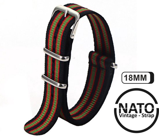 Stijlvolle 18mm Premium Nato Zwart Groen Rood gestreept Horlogeband: Ontdek de Vintage James Bond Look! Perfect voor Mannen, uit onze Exclusieve Nato Strap Collectie!