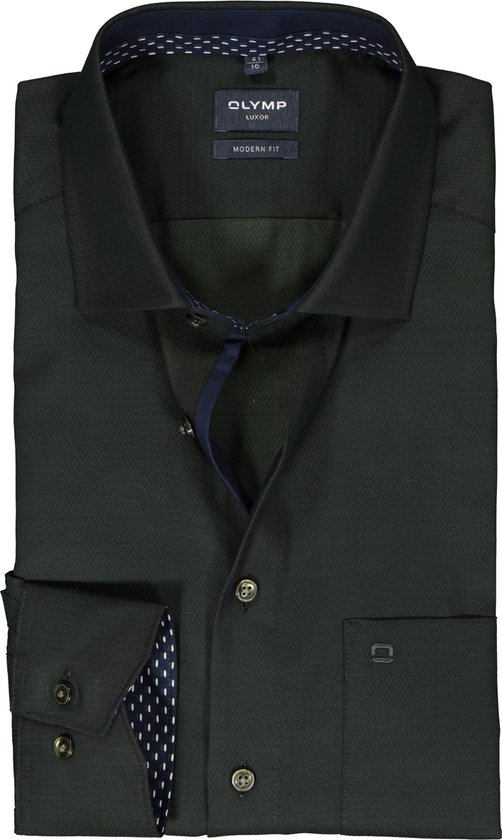 OLYMP modern fit overhemd - mouwlengte 7 - structuur - olijfgroen (contrast) - Strijkvrij - Boordmaat: 41