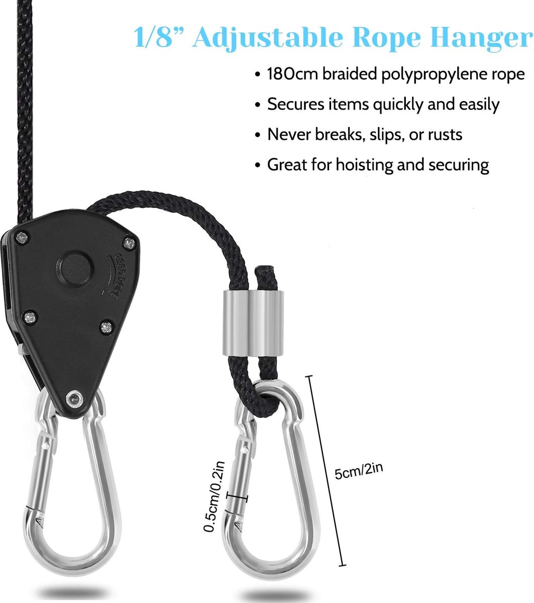 OriGlam 2 stks 1/8 150Lbs Heavy Duty Touw Ratchet Verstelbare Hanger, Ratel Suspension Yoyo Hangers voor Ventilatie Hydrocultuur Groeien Plant Tent Fan Filter Licht