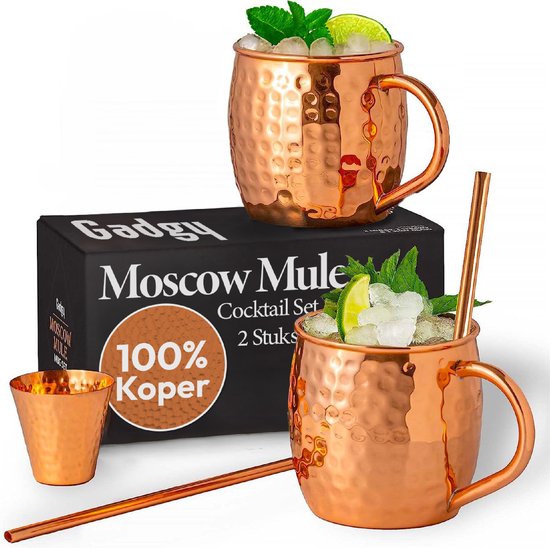 Gadgy Moscow Mule Bekers Set - 100% Koper - Cocktailset : 2 Cocktailglazen, 2 Rietjes & 1 Barmaatje - Cadeau voor Vrouw en Man