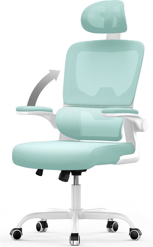 Ergonomische bureaustoel - Fauteuil - met 90° opklapbare armleuning - Adaptieve lendensteun - In hoogte verstelbaar Groen