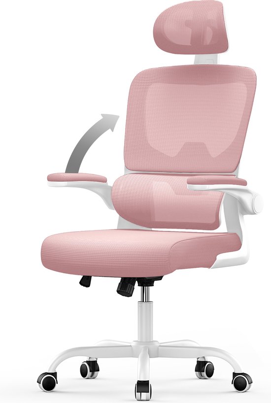 Ergonomische bureaustoel - Fauteuil - met 90° opklapbare armleuning - Adaptieve lendensteun - In hoogte verstelbaar Roze