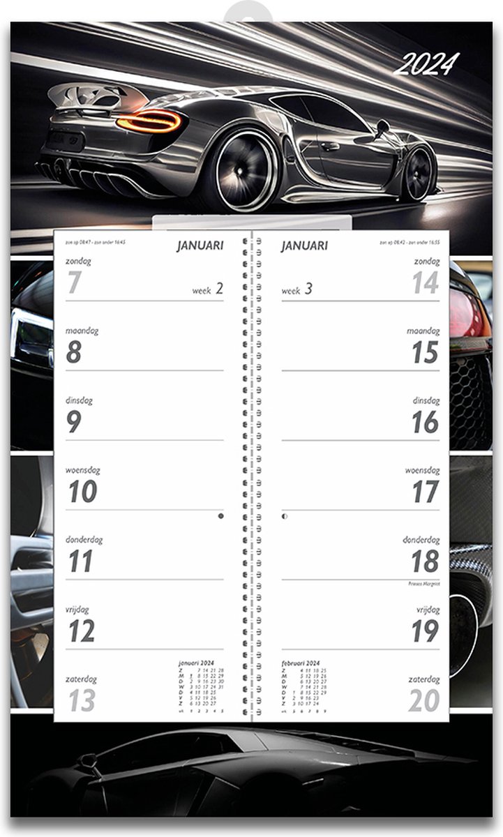 Omleg Weekkalender 2024 op schild - 20x33 cm met schuifhanger - Weekkalender met 2 weken overzicht - beginnend op zondag - Dream Cars