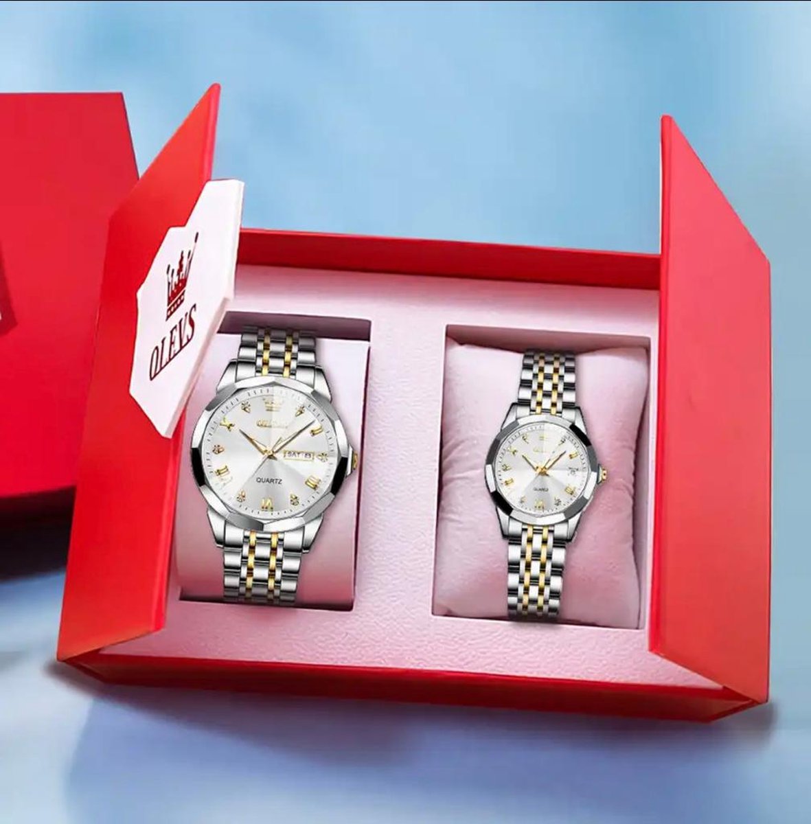 Olevs - Heren en dames Horlogeset - Polshorloge - Heren- dames - Cadeau - Horloge - Geschenkdoos - Mannen - gold en silver - (FREE) horloge gereedschap -
