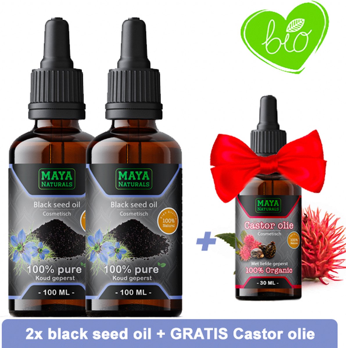 Natuurlijke Black Seed Oil 2X 100ml + GRATIS Castor olie 30ml | 100% Puur & Onbewerkt EU Bio keurmerk | Zwartzaadolie | Zwarte Zaad Olie | Zwarte Komijnolie | Nigella Sativa Olie