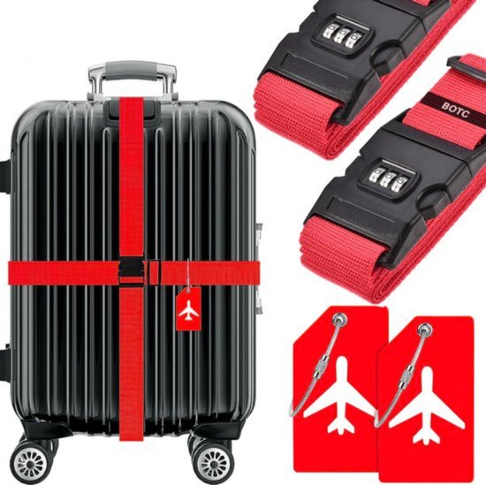 BOTC Ceinture de Valise avec Serrure à Numéro - 4 Pièces - 2 Ceinture de Valise avec Serrure à Combinaison + 2 Étiquettes à Bagages - 200 cm * 5 cm - Riem à Bagages - Ceinture à Bagages - Réglable - Rouge