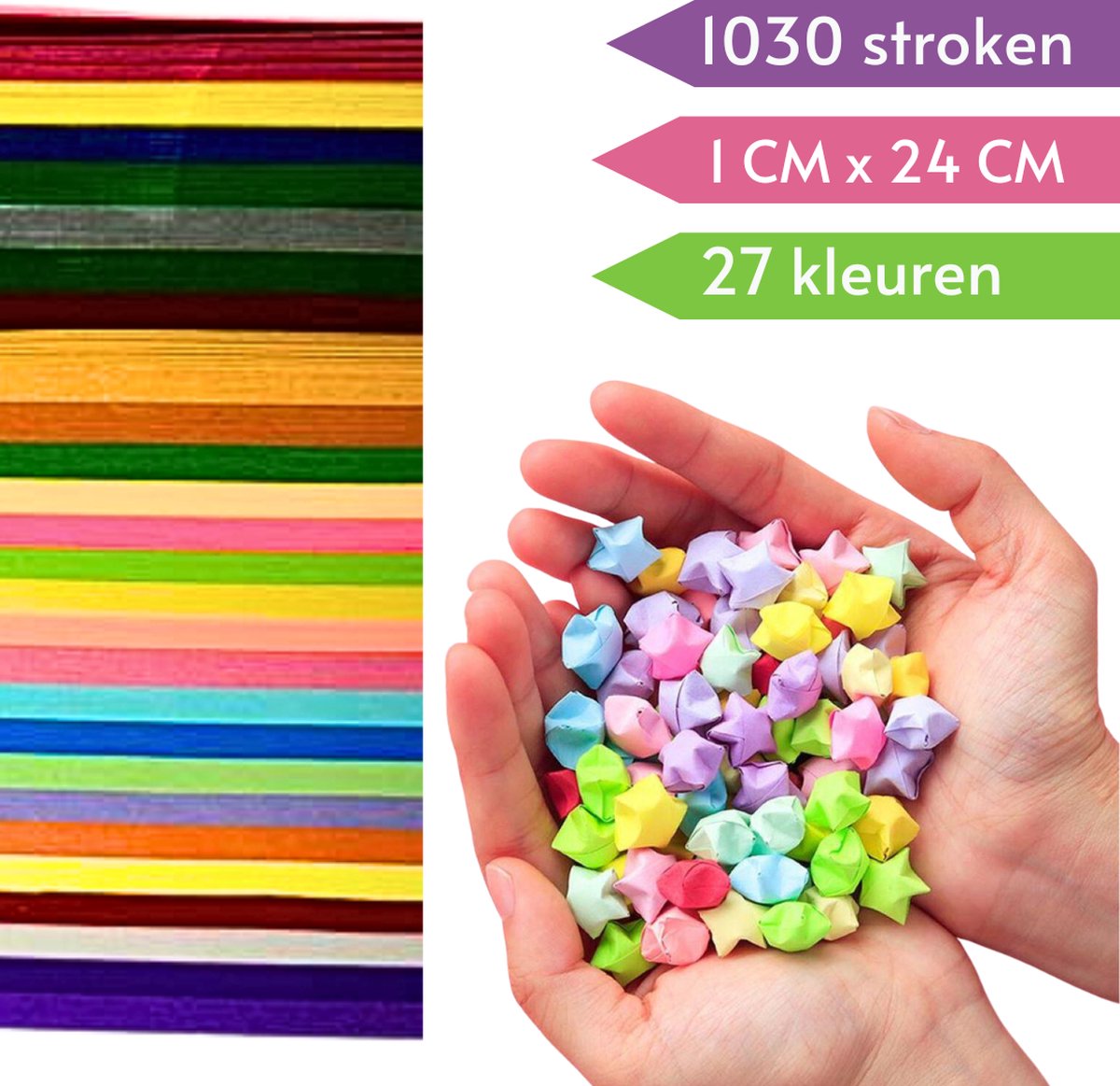Geluksterren Vouwpapier - 1030 papierstroken - 27 kleuren - 1CMx24CM - Vouw Lucky Stars & Muizentrappetjes - Knutselpapier — afbeelding 3
