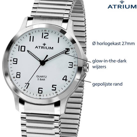 Montre Atrium argentée pour femme avec cadran blanc, chiffres noirs, aiguilles argentées et bracelet extensible argenté. Diamètre du boîtier 27mm.