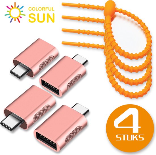 Colorful Sun® USB-C naar USB-A adapter - 4 stuks - USB C to USB A - Gratis kabel-organizer - USB C Male naar USB A Female - USB 3.2 - 10 Gbps - Verloop - Rose Goud