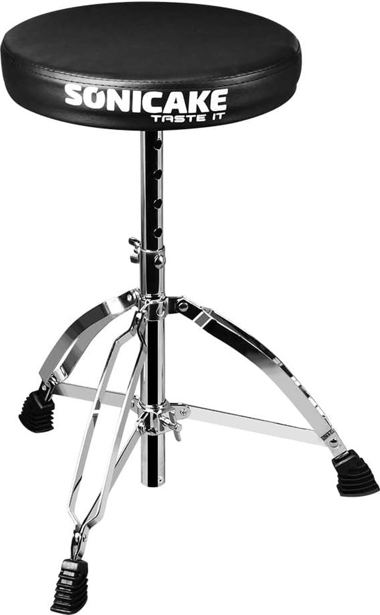 Drum throne, height adjustable, foldable with non-slip padded seat in black.