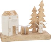 J-Line Kerstdorp zonder verlichting - hout - naturel & wit - 30 cm - kerstversiering voor binnen