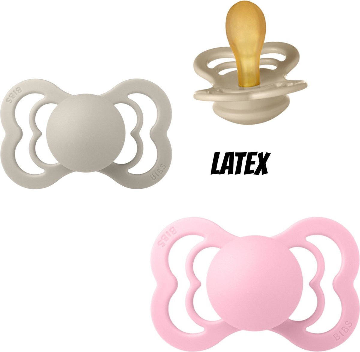 Goedkoopste Bibs Supreme Latex fopspeen 0-6 maand 3 stuks Vanilla,Sand en Pink maat 1