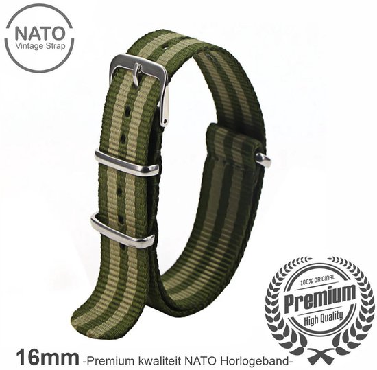 Stijlvolle 16mm Premium Nato Groen gestreepte Horlogeband: Ontdek de Vintage James Bond Look! Perfect voor Mannen, uit onze Exclusieve Nato Strap Collectie!