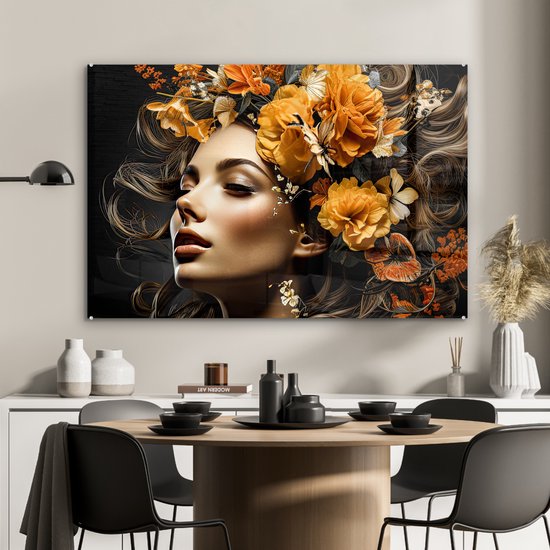 Peinture sur verre 120x80 cm - Femme fleurs - Photo sur verre - Tableau salon portrait - Tableaux plexiglas chambre - Décoration chambre plaque de verre - Décoration Décoration murale peintures sur verre - Décoration murale colorée
