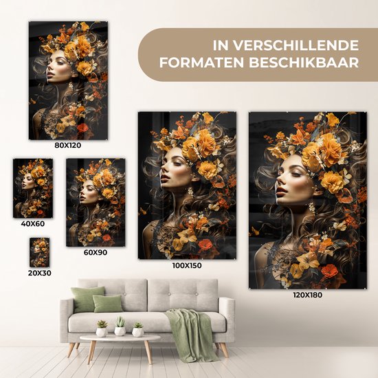 Peinture sur verre 60x90 cm - Femme fleurs - Photo sur verre - Tableau salon portrait - Tableaux plexiglas chambre - Décoration chambre plaque de verre - Décoration murale peintures sur verre - Décoration murale colorée