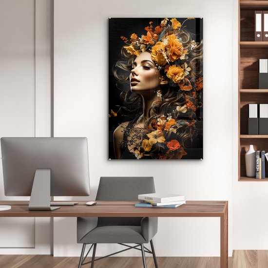 Peinture sur verre 60x90 cm - Femme fleurs - Photo sur verre - Tableau salon portrait - Tableaux plexiglas chambre - Décoration chambre plaque de verre - Décoration murale peintures sur verre - Décoration murale colorée