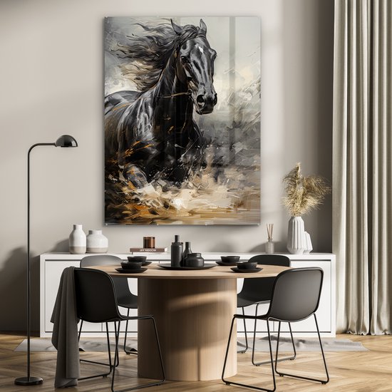 MuchoWow® Tableau sur verre 90x120 cm - Tableau sur verre acrylique - Paarden - Zwart - Wit - Animaux - Photo sur verre - Décoration murale salon - Décoration murale chambre - Peintures