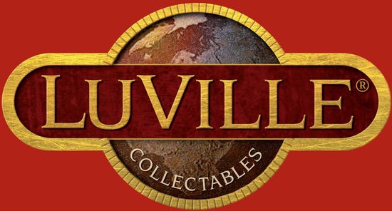 Het Luville Collectibles logo met de tekst 'Luville Collectibles' in goudkleurige letters op een rode achtergrond.