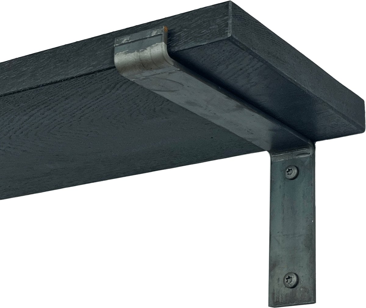 GoudmetHout Wandplank Industrieel - 180 x 20 cm Muurplank - Zwart Eiken Hout - Decoratie Wandrek & Boekenrek - Hangplank Keuken - Wall Shelf + 2 Plankdragers van Ruw Staal Zwart - Zonder coating - 20 cm