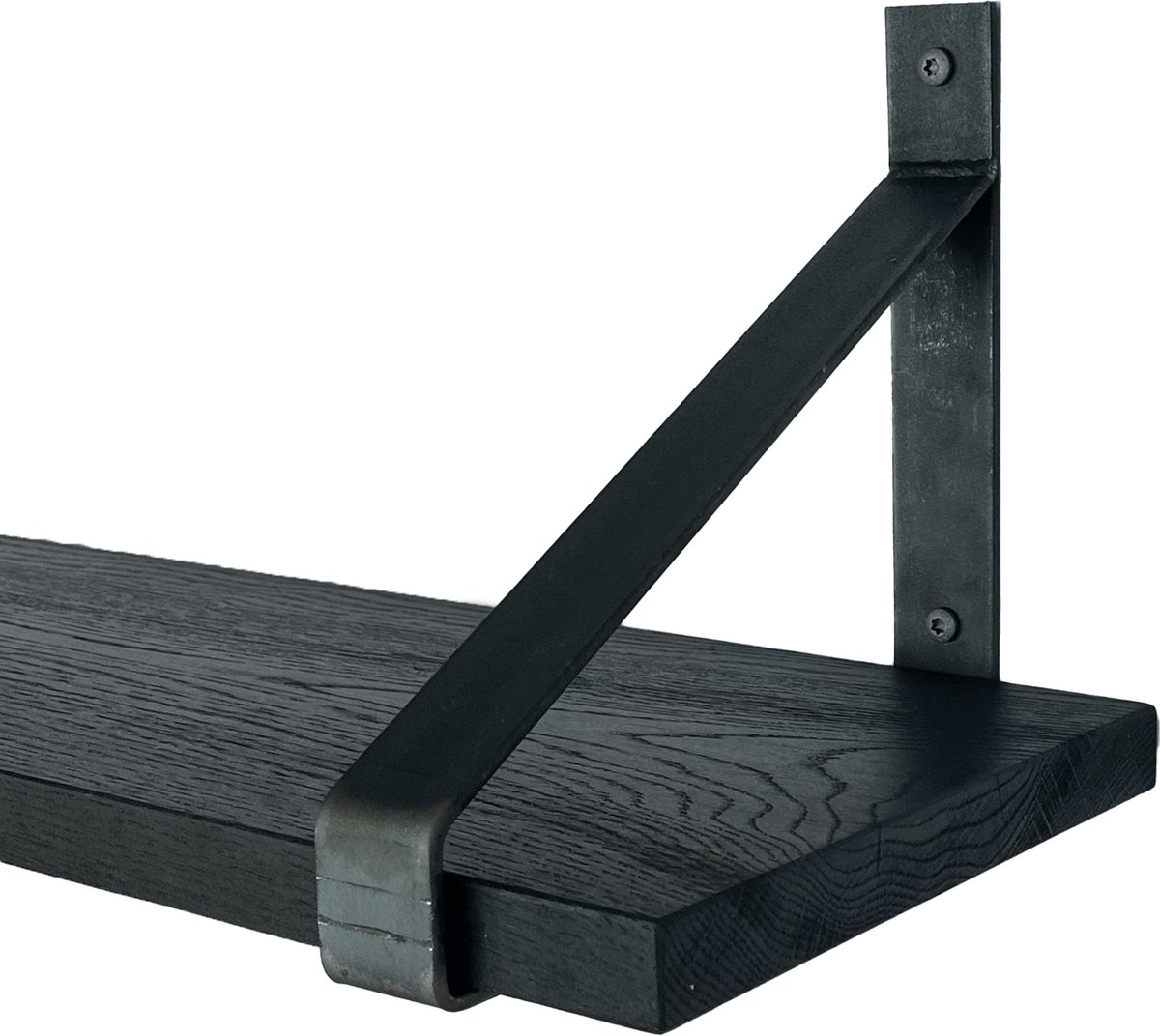 GoudmetHout Wandplank Industrieel - 180 x 25 cm Muurplank - Zwart Eiken Hout - Decoratie Wandrek & Boekenrek - Hangplank Keuken - Wall Shelf + 2 Plankdragers van Ruw Staal