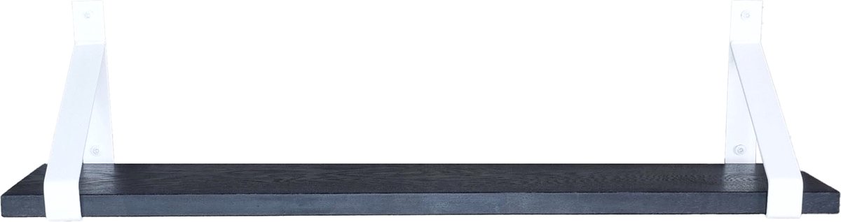 GoudmetHout - Massief eiken wandplank - 220 x 20 cm - Zwart Eiken - Inclusief industriële plankdragers MAT WIT - lange boekenplank
