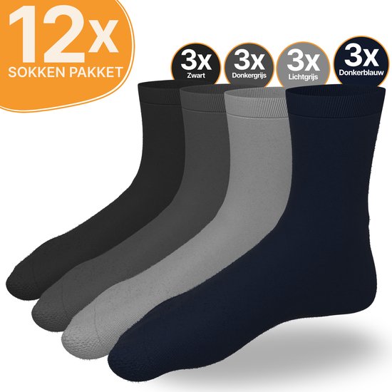 VOLQU® - Sokken - 12 Paar - Premium Katoen Sokken - Normale Sokken - Sokken Heren - Sokken Dames - Maat 43 46 - Zwart / Donkerblauw / Donkergrijs / Lichtgrijs