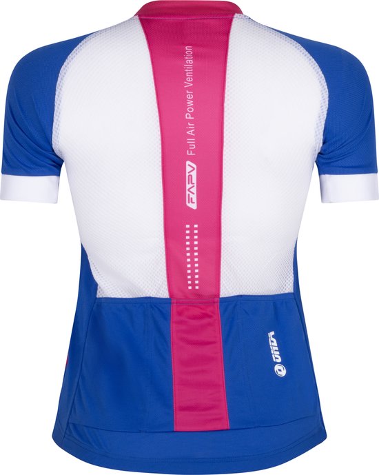 Achterkant roze fietsshirt met blauwe zijkanten en witte inzet op de rug. Roze baan met 'FAPV Full Air Power Ventilation' tekst.