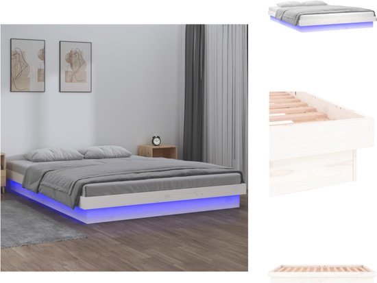 vidaXL Bedframe - LED-verlichting - Grenenhout - 204x123.5x21 cm - Wit - Bed