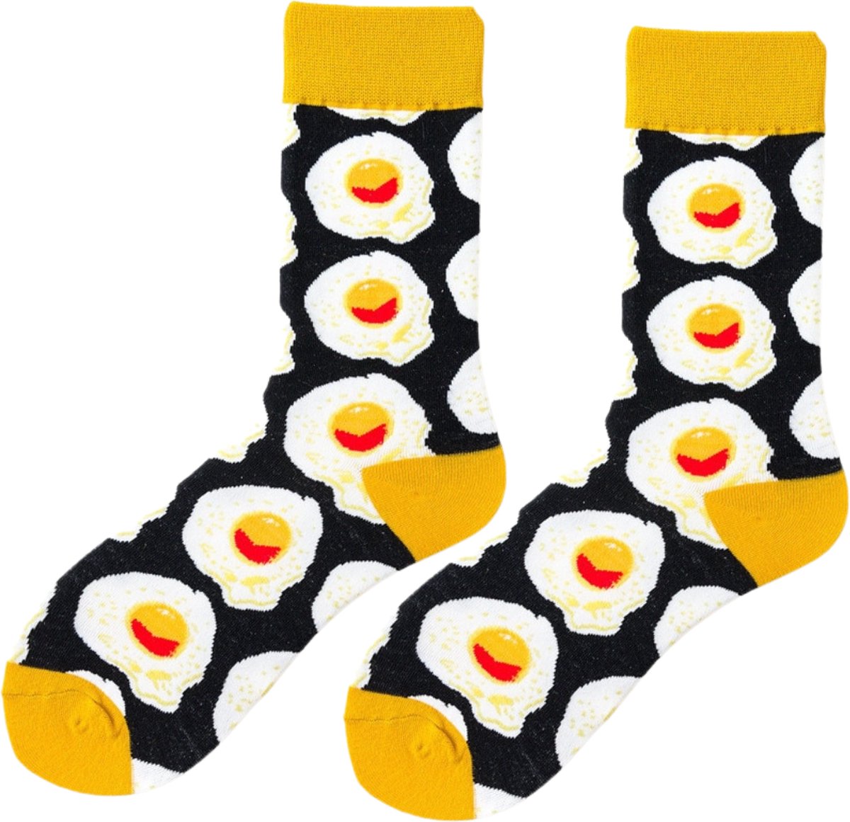 Geel/zwarte sokken met een gebakken Ei er op - Grappige sokken - Dames maat 35-39 Eten/Spiegelei